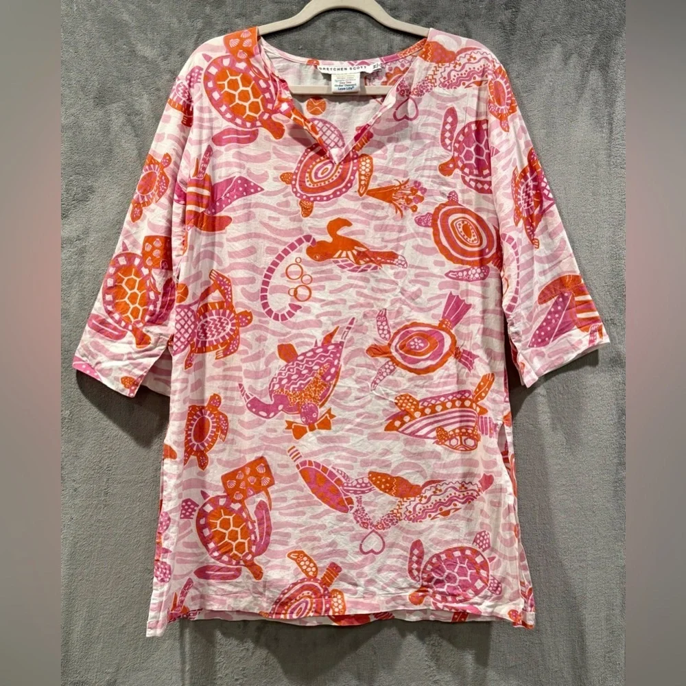 Gretchen Scott Turtle Time Tunic 100% Cotton Womens Size Medium Beach Resortwear